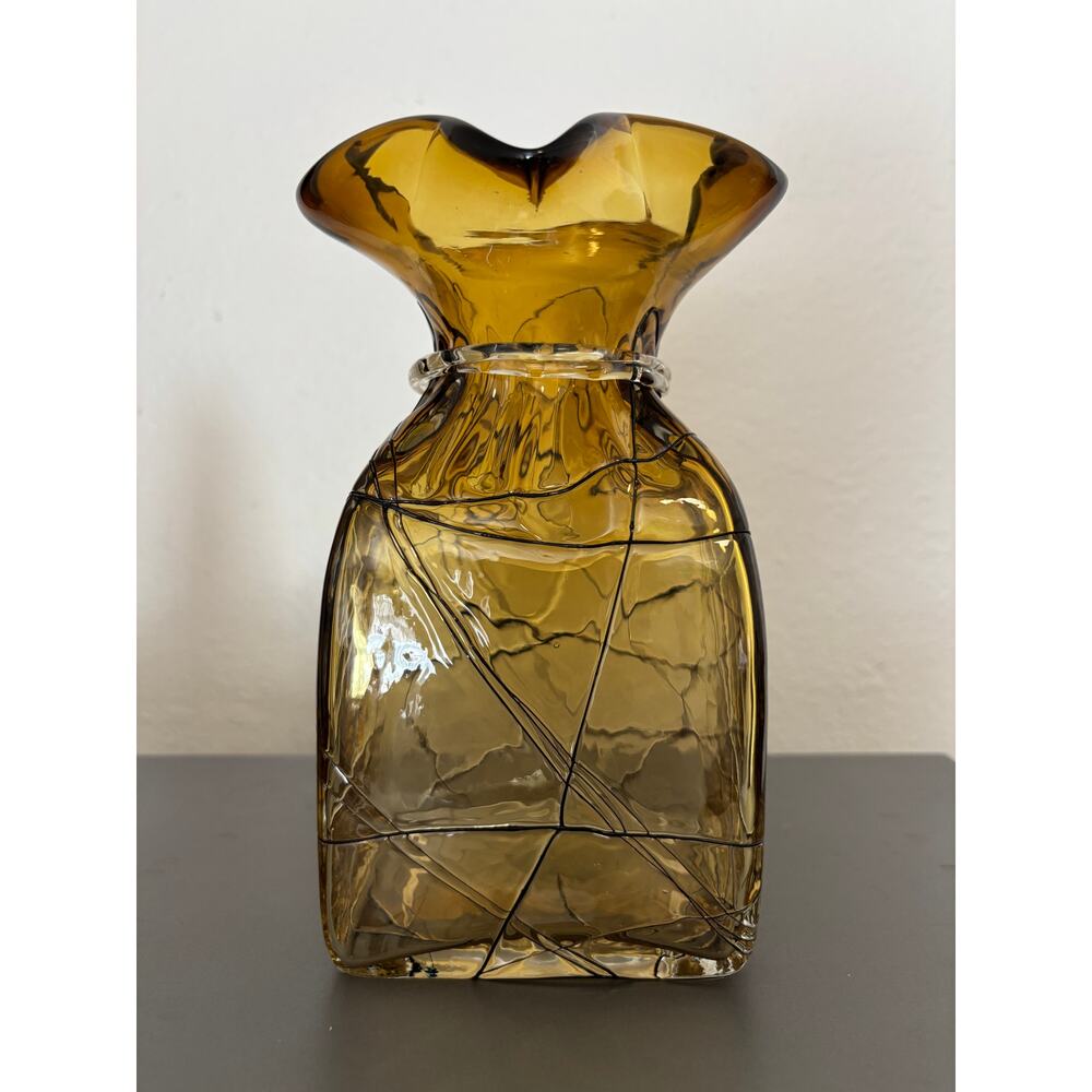 Vintage MCM Amber Blown Art Glass Vase with rippin - Picture 4 of 7